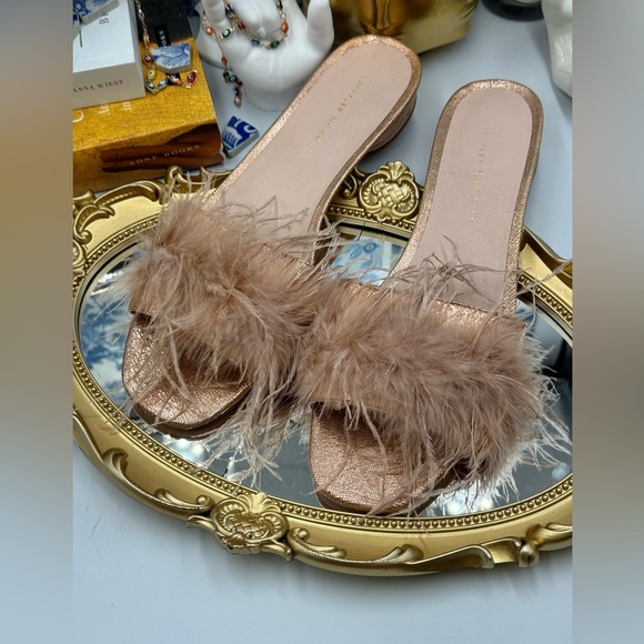 🆕 LOEFFLER RANDALL 🧿 NWOB Lilly Crinkle Metallic Slide Sandal With Feather Pom - Picture 9 of 16